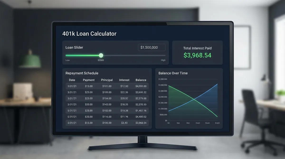 Visual representation of 401k loan calculations showing monthly payments, interest costs, and long-term retirement impact