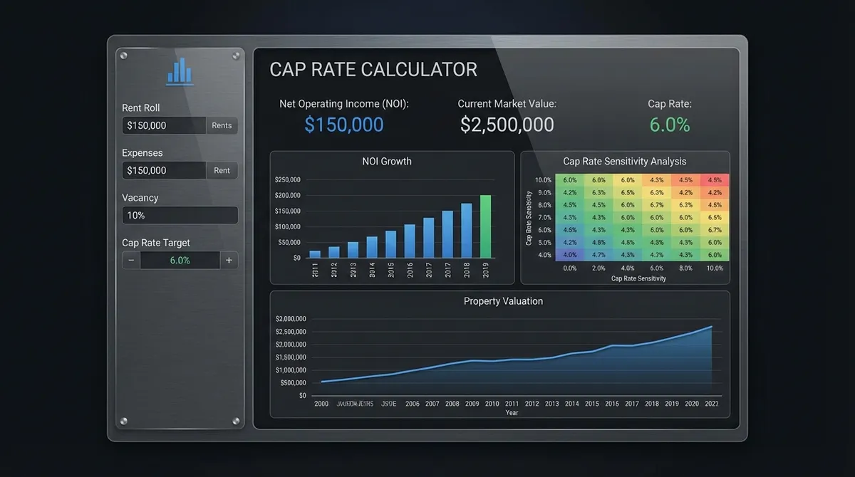 Professional Cap Rate Calculator showing net operating income, property value, and capitalization rate analysis.