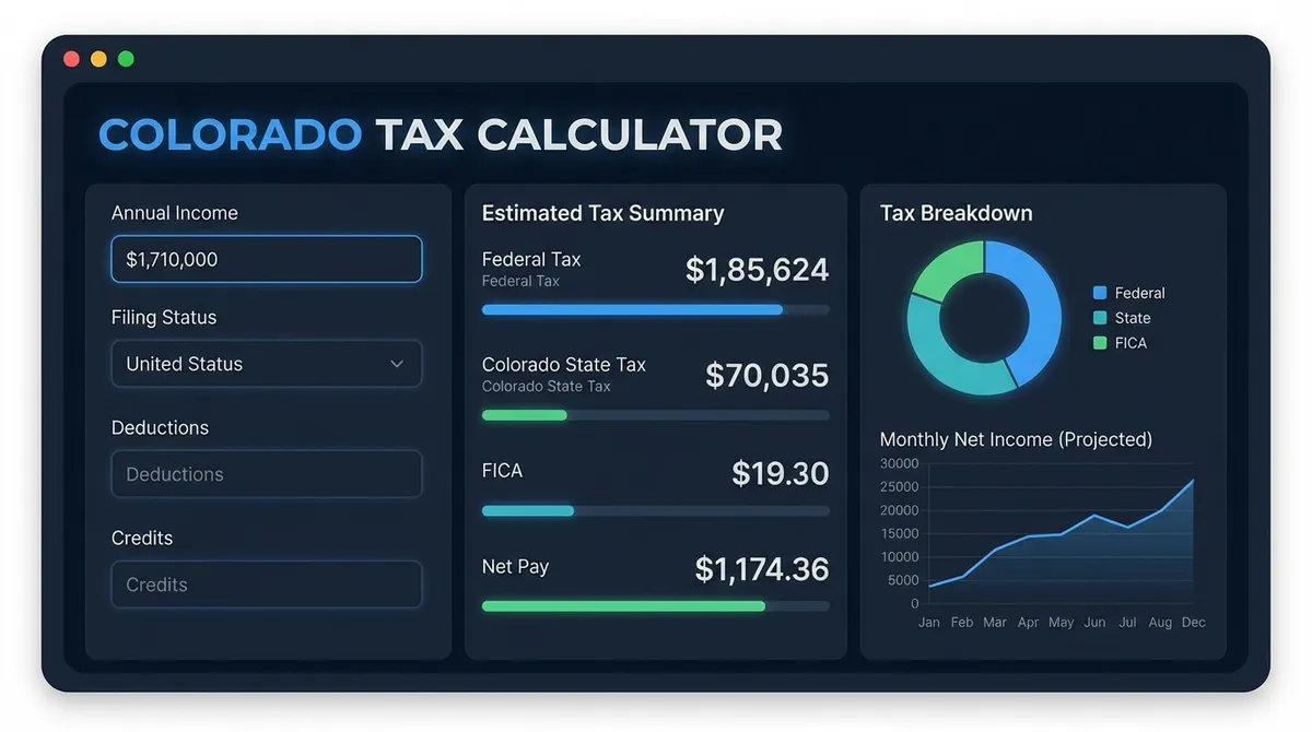 Dashboard showing Colorado's 4.40% flat tax rate applied to taxable income.