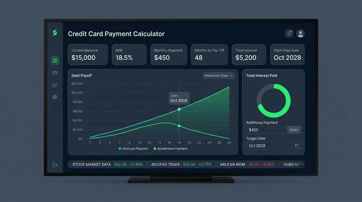 Interface of the credit card payment calculator showing fields for balance, APR, and payoff goal with the calculated payment and a summary of total cost.
