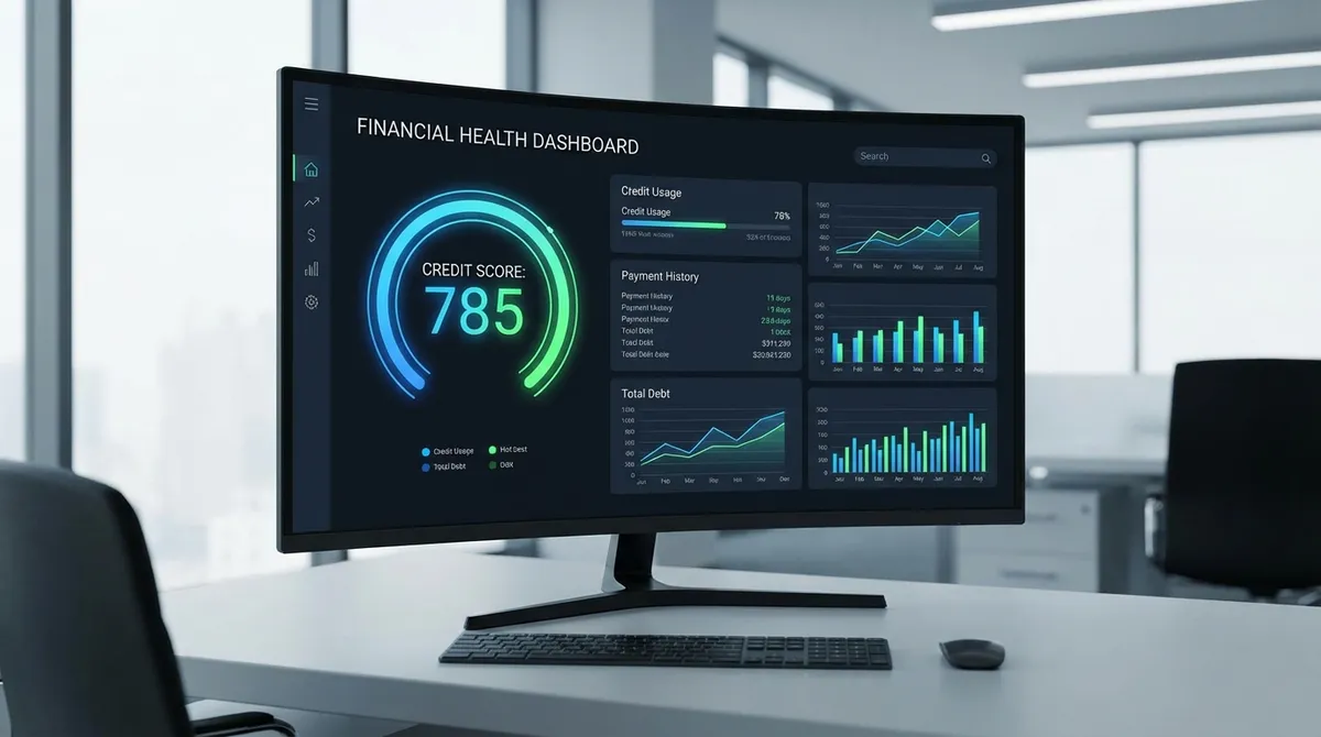Interactive credit score simulator showing score projection based on utilization and payment history.