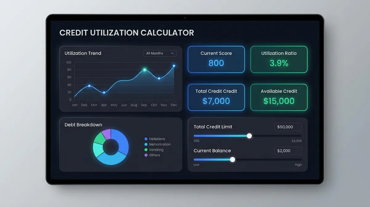 Dashboard showing credit card balances, limits, and utilization charts.