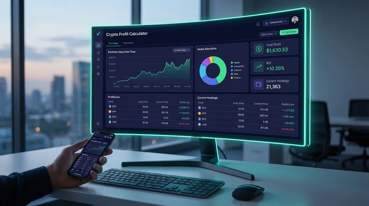 Illustration from the crypto profit calculator showing inputs for buy/sell, fees, taxes and a chart comparing cost basis, net proceeds and net profit.