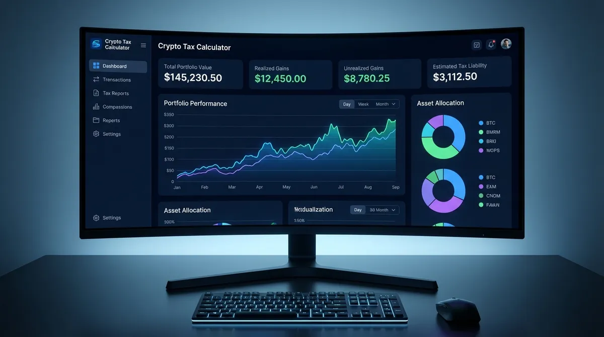 Visual guide to the crypto tax calculator showing how cost basis, proceeds, and holding periods determine capital gains or losses on crypto trades clearly.