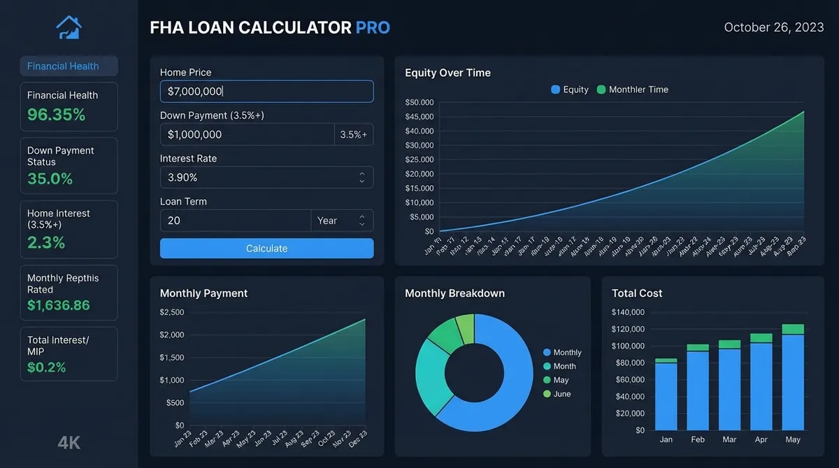 Visual guide showing FHA loan calculator inputs: home price, down payment, interest rate, MIP rates, property tax, and insurance. See how FHA mortgage insurance premiums affect total monthly payments.