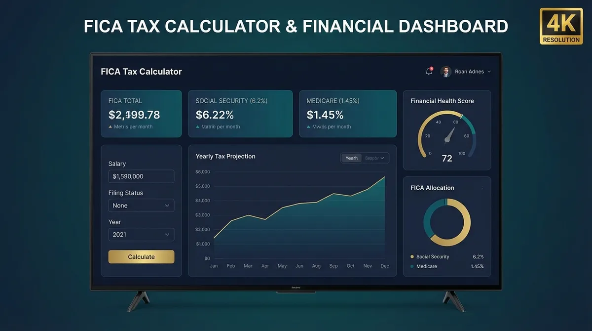 Calculator interface showing Social Security and Medicare tax breakdowns.