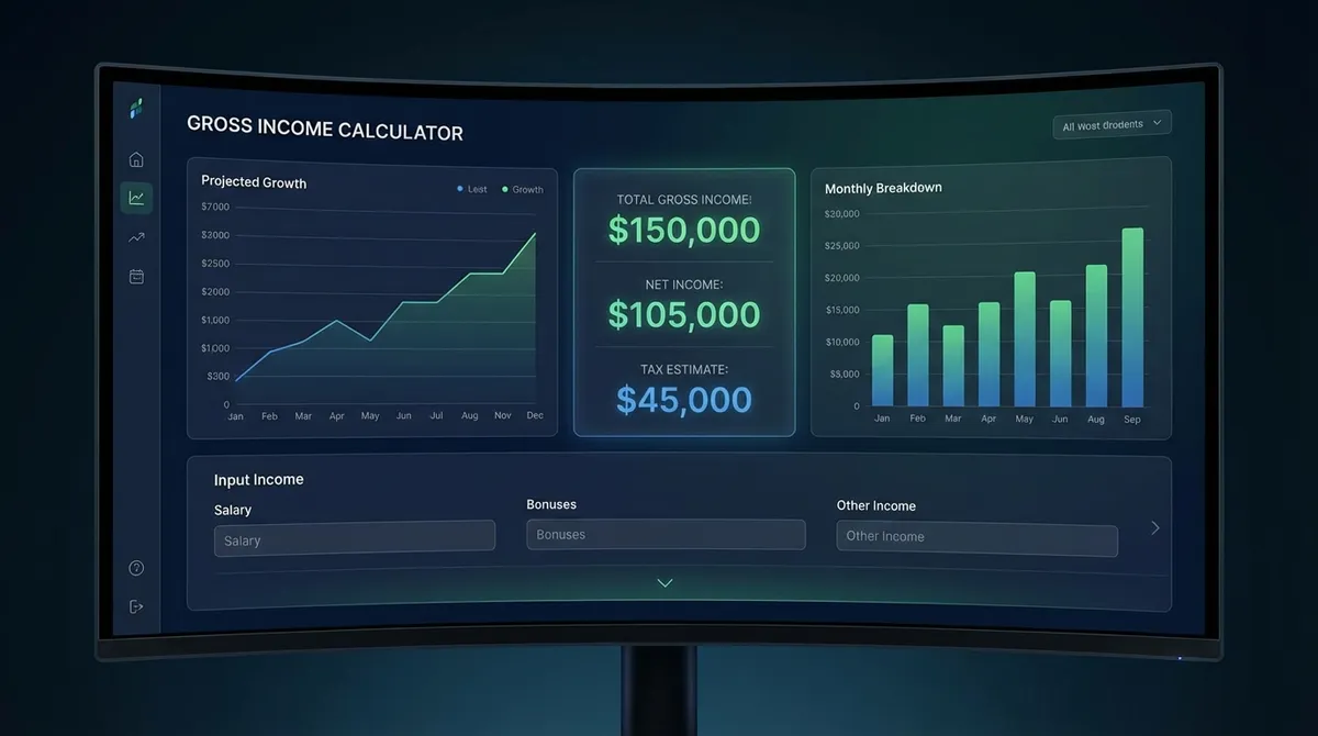 Digital illustration of a gross income calculator interface showing salary components like base pay, bonuses, and overtime combined into a total annual figure.