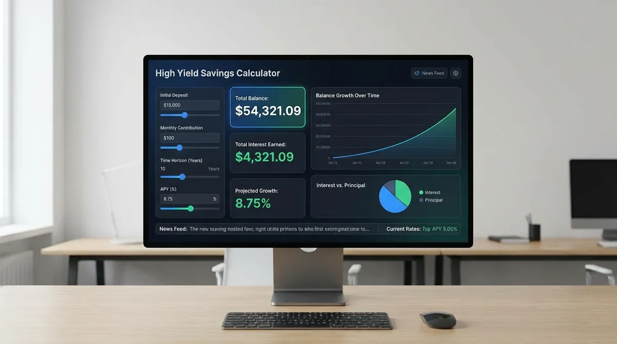 Chart comparing a high yield savings account calculator scenario to a standard account, highlighting APY, compounding, and projected balance growth over time.