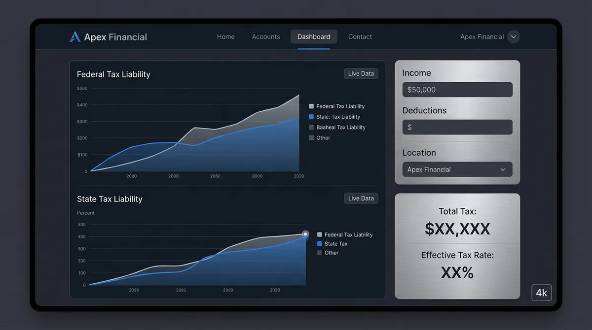 Dashboard showing 2025 federal tax brackets, state tax estimates, and take-home pay analysis.