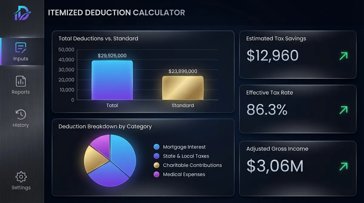 Itemized deduction calculator analysis showing tax forms and calculator