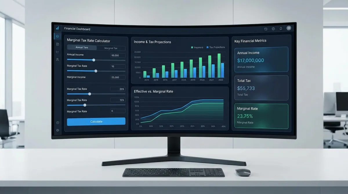 Interactive dashboard showing 2025 federal tax brackets and effective rate calculations.
