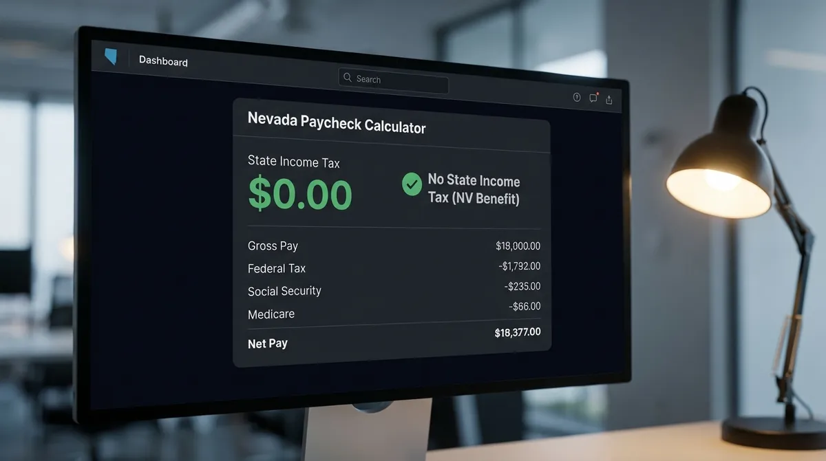 Dashboard showing gross pay vs net pay for a Nevada employee, highlighting zero state income tax benefits.