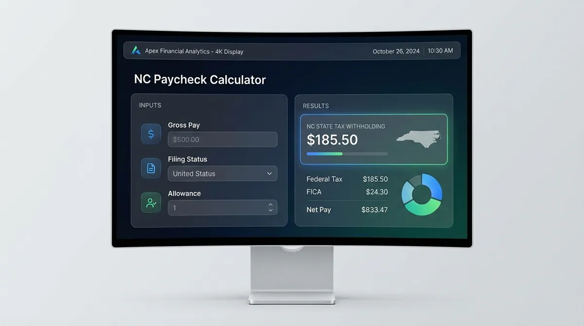 Illustration of the North Carolina paycheck calculator showing gross pay and deductions for federal, FICA, and the NC state flat tax at 4.25% to determine net pay.
