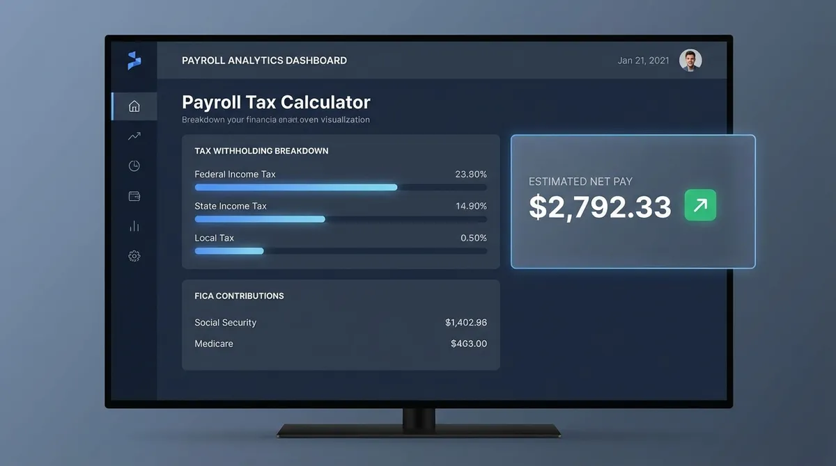 Dashboard showing payroll tax breakdown including Social Security, Medicare, and withholding for both employee and employer.