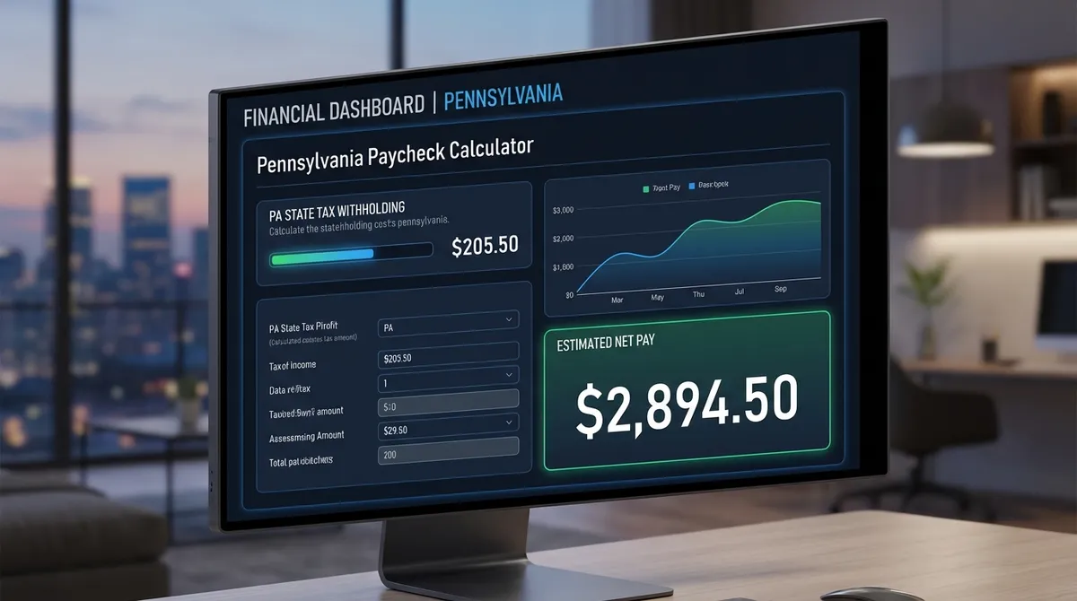 Professional Pennsylvania paycheck calculator showing detailed breakdown of federal taxes, Social Security, Medicare, PA state flat tax (3.07%), local EIT, and LST deductions for accurate take-home pay calculation.
