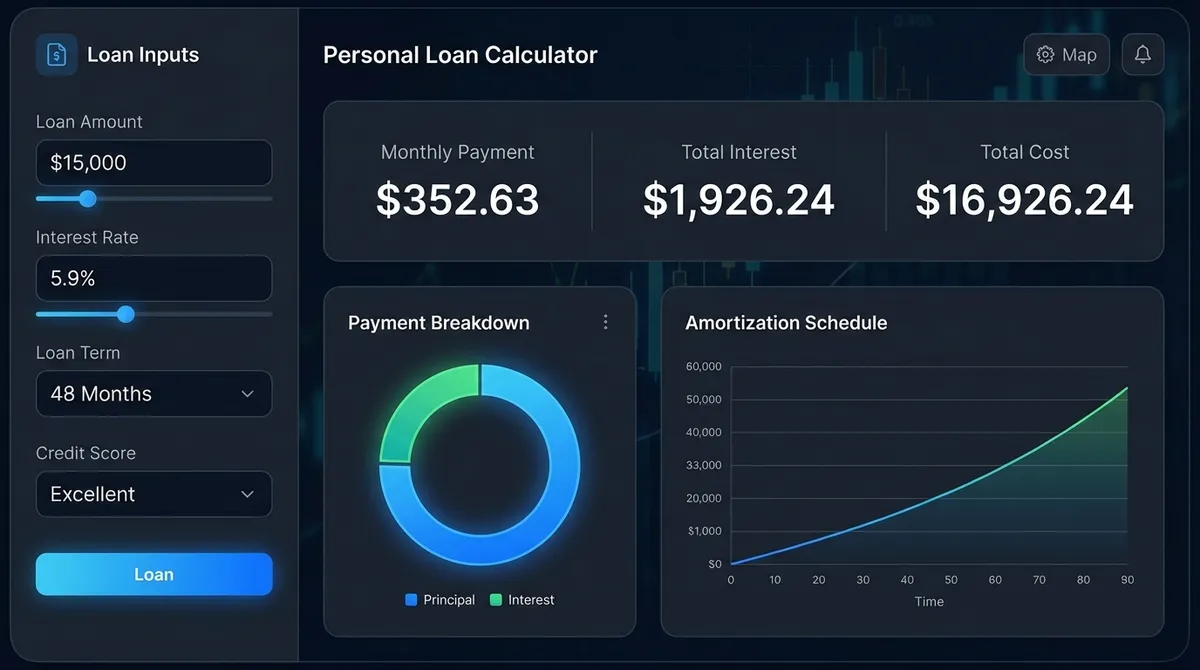 Interactive personal loan calculator showing principal, interest, and fee breakdown.