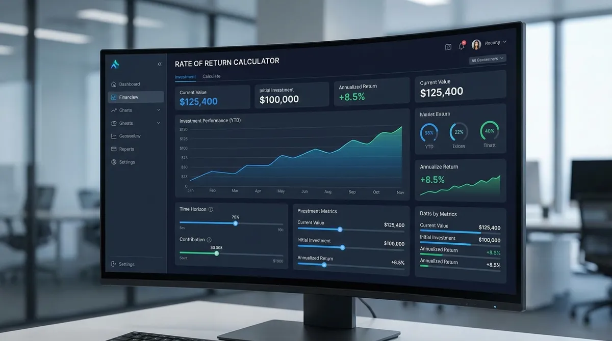 Professional illustration showing investment growth charts, compound annual growth rate calculations, and portfolio performance metrics for the rate of return calculator