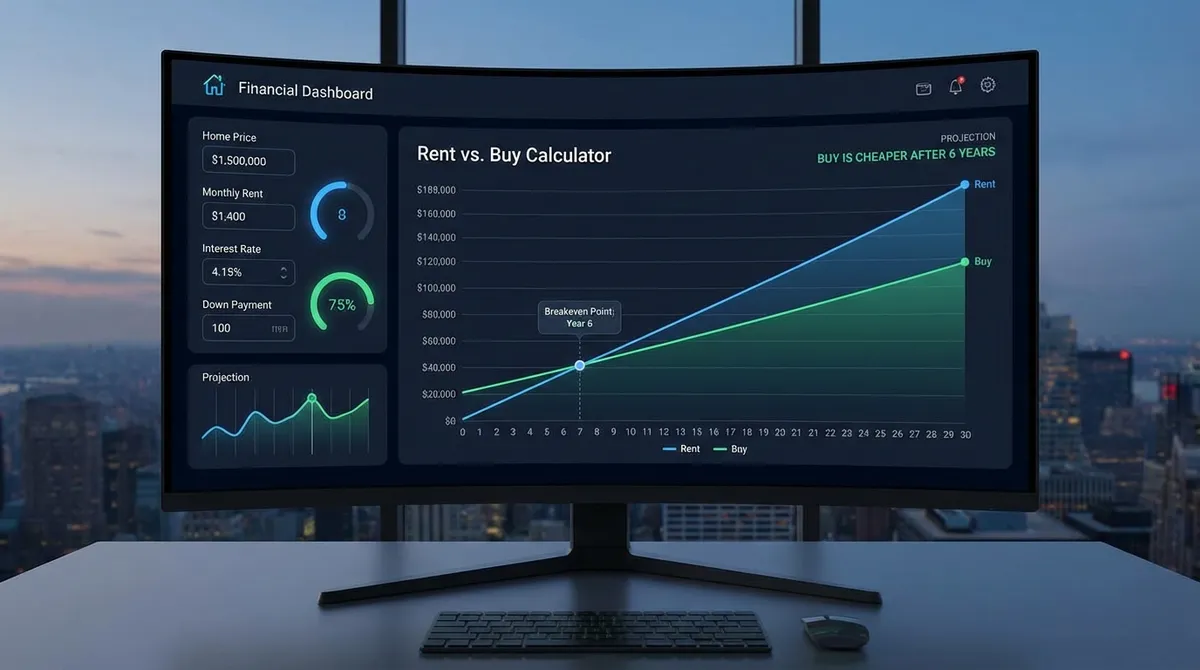Illustration of the rent vs buy calculator comparing monthly costs, equity growth, and the break-even timeline.