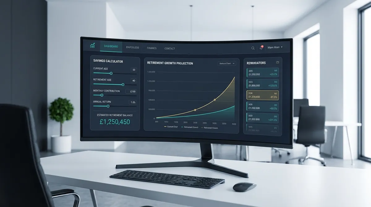 Professional retirement savings calculator showing 401(k) balance projection, employer matching benefits, and retirement readiness analysis with interactive charts.