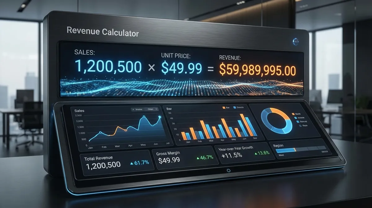 Screenshot of the revenue calculator, showing how units sold multiplied by average price per unit determines total sales revenue for a reporting period.