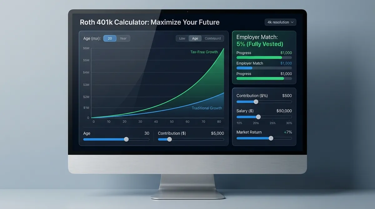 Professional Roth 401(k) calculator visualization showing tax-free growth curve, employer matching contributions, and catch-up contributions for investors age 50+. Demonstrates the power of compound growth in retirement planning with real 2025 contribution limits.