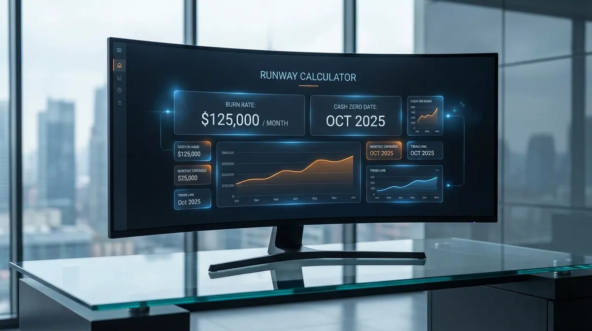 Illustration of the cash runway calculator, showing the division of the current cash balance by the monthly burn rate to determine months of runway remaining.