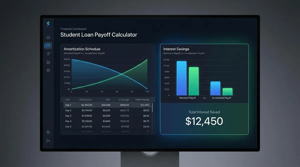 Interactive student loan payoff calculator showing extra payment impact on remaining balance, interest savings, and accelerated payoff timeline with 2025 rates.