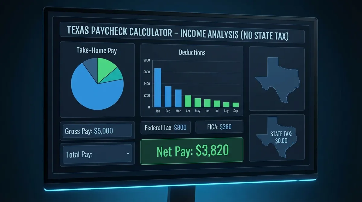 Illustration showing a Texas paycheck breakdown with no state income tax highlighted.