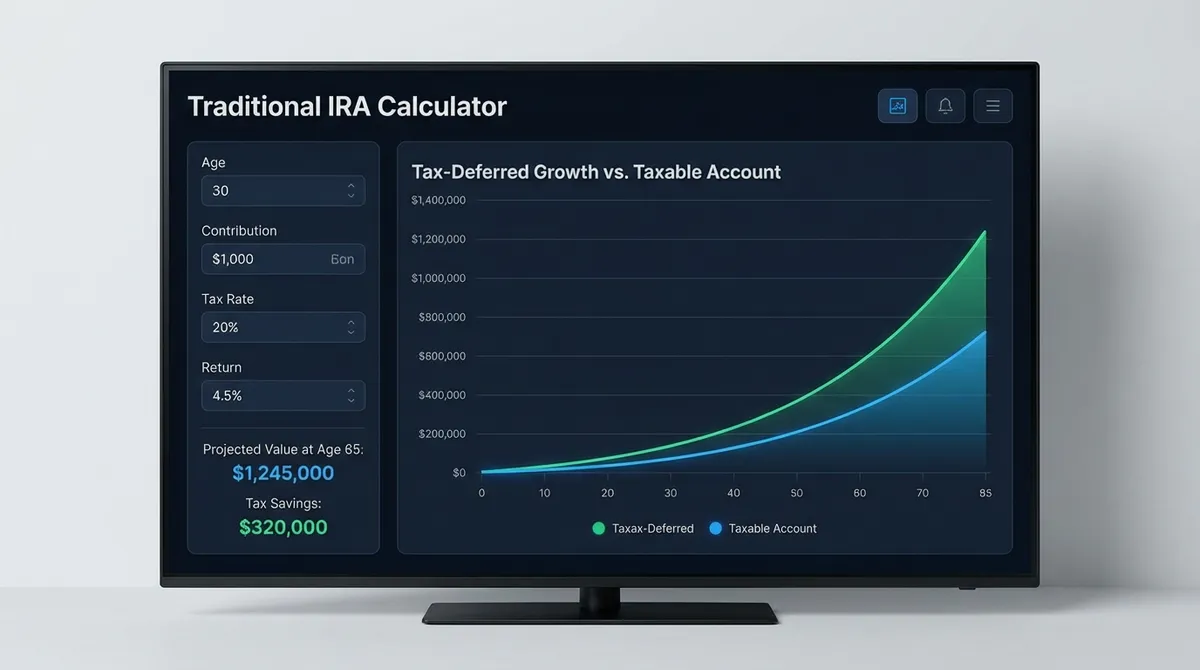 Our Traditional IRA calculator helps you determine contribution limits, tax deductions, and projected growth for 2025. Visualize your retirement savings potential.