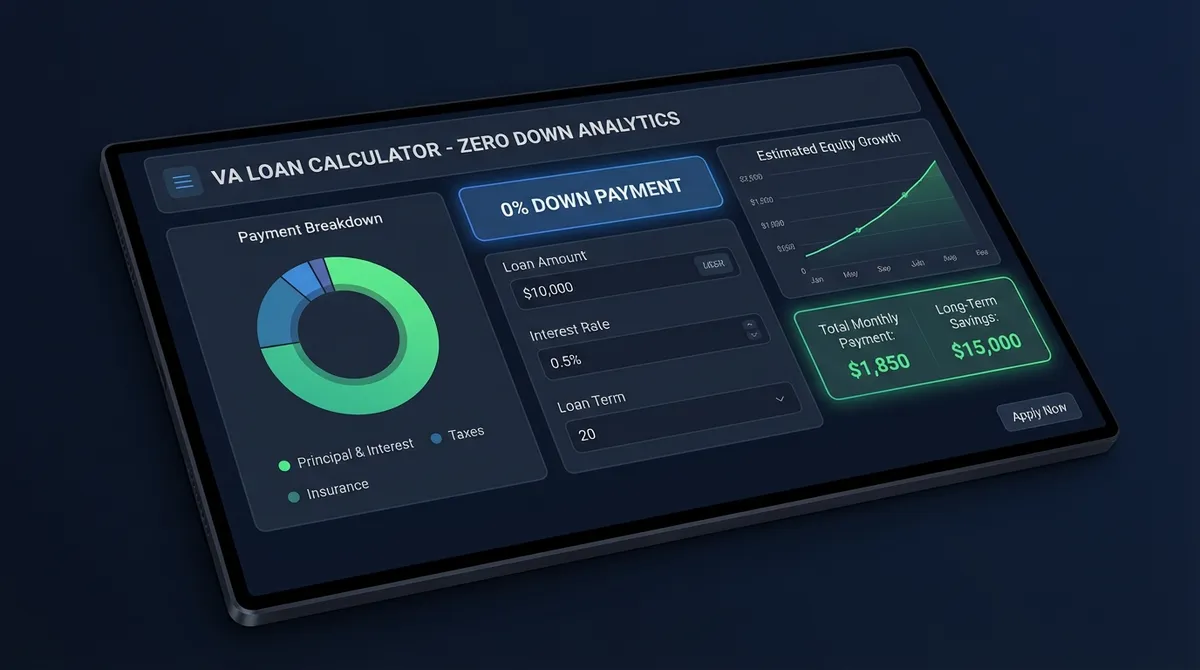 Interactive VA Loan Calculator showing monthly payment breakdown and funding fee analysis.