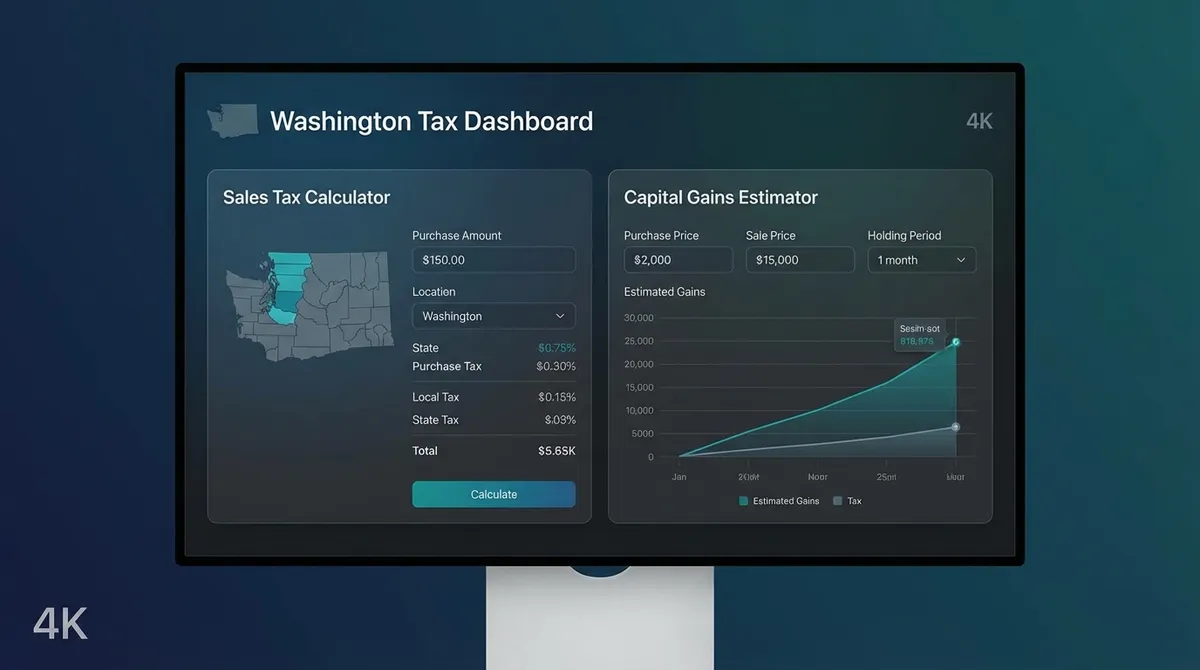Interactive dashboard showing Washington state tax breakdown including sales, property, WA Cares, and capital gains tax.